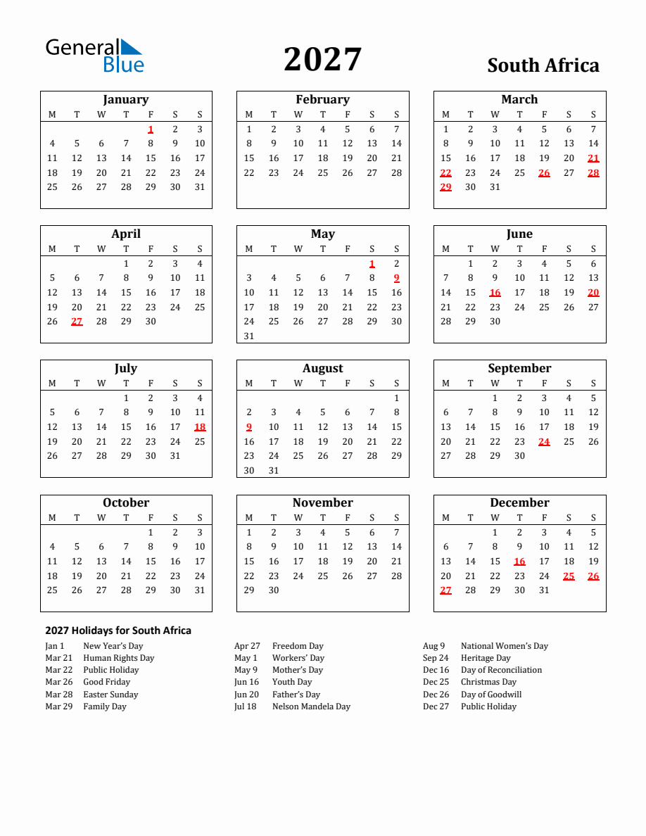 Free Printable 2027 South Africa Holiday Calendar