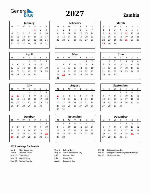 2027 Zambia Holiday Calendar - Monday Start
