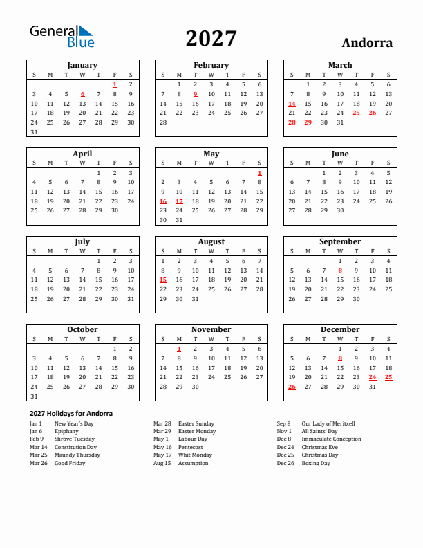 2027 Andorra Holiday Calendar - Sunday Start