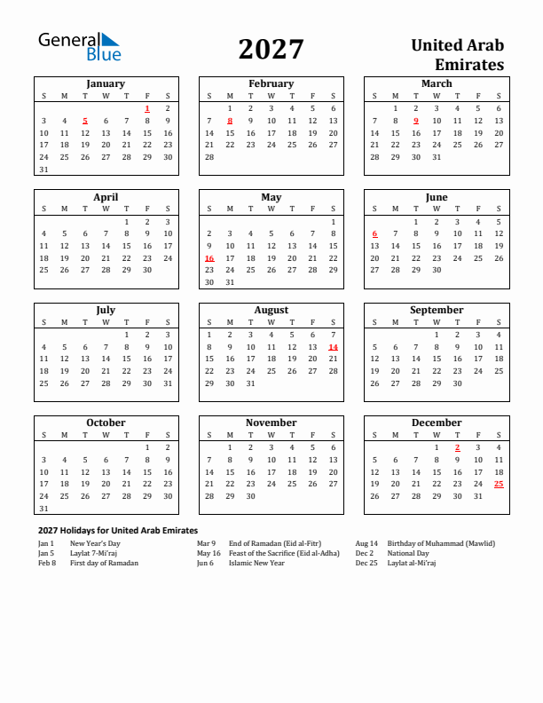2027 United Arab Emirates Holiday Calendar - Sunday Start