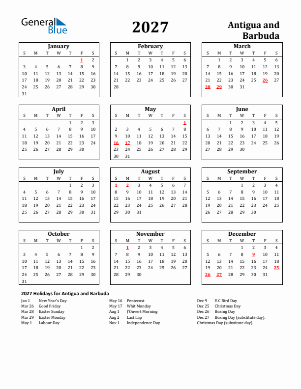 2027 Antigua and Barbuda Holiday Calendar - Sunday Start
