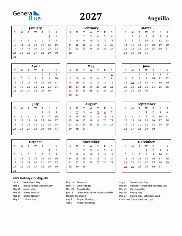 2027 Anguilla Holiday Calendar - Sunday Start