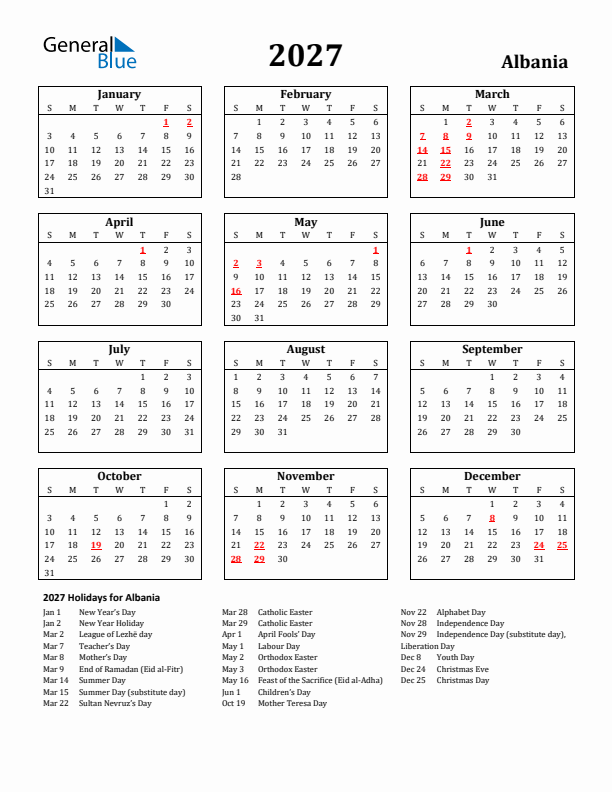 2027 Albania Holiday Calendar - Sunday Start