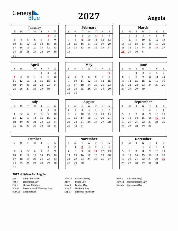 2027 Angola Holiday Calendar - Sunday Start