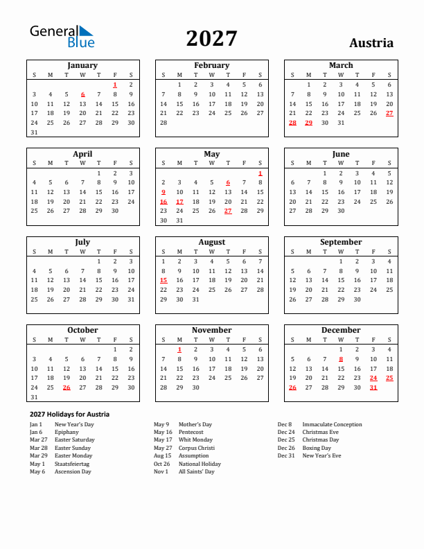 2027 Austria Holiday Calendar - Sunday Start