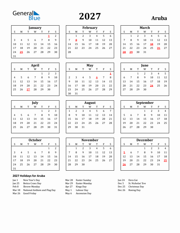 2027 Aruba Holiday Calendar - Sunday Start