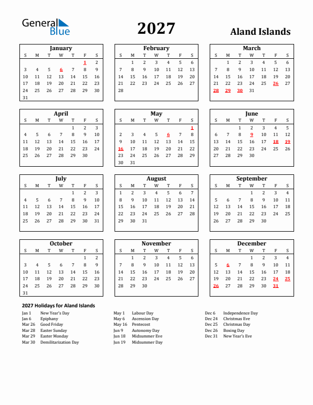 2027 Aland Islands Holiday Calendar - Sunday Start