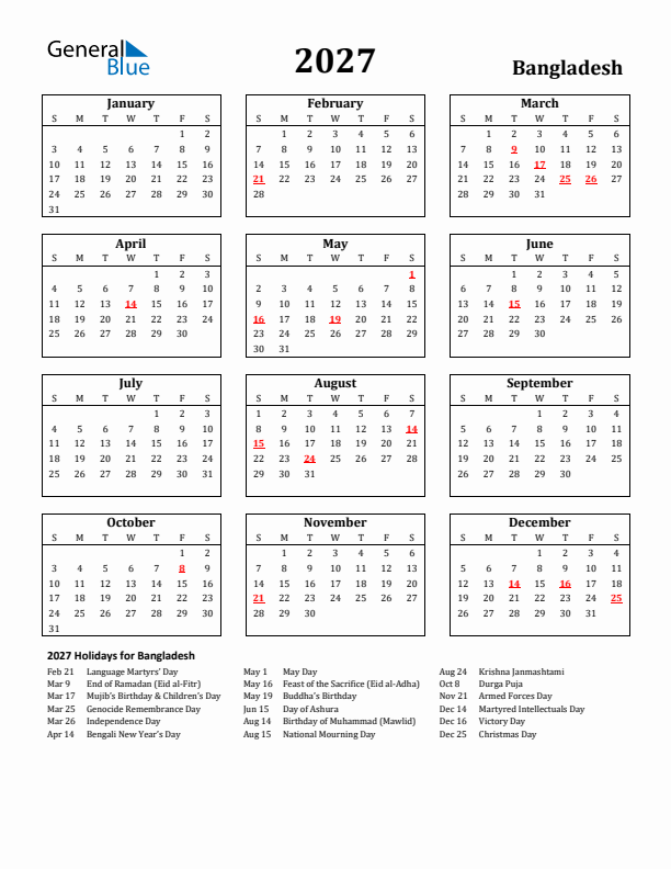 2027 Bangladesh Holiday Calendar - Sunday Start
