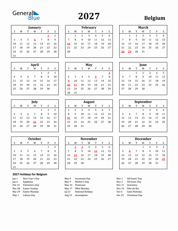 2027 Belgium Holiday Calendar - Sunday Start
