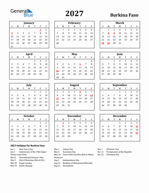 2027 Burkina Faso Holiday Calendar - Sunday Start