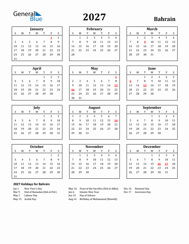 2027 Bahrain Holiday Calendar - Sunday Start