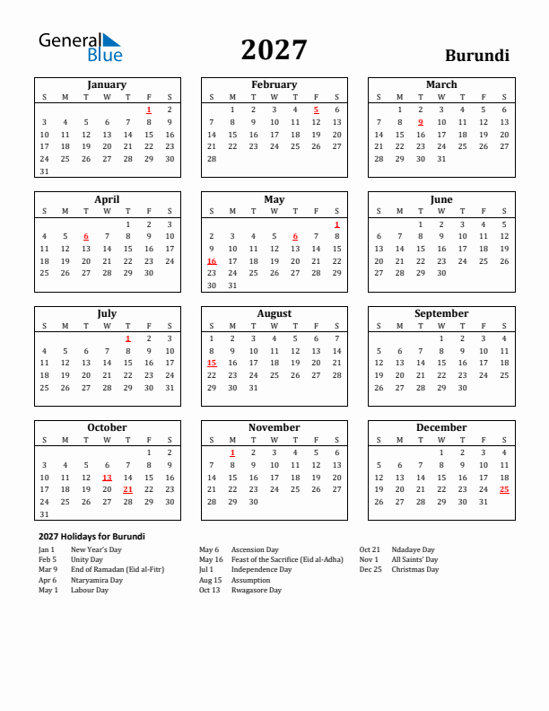 2027 Burundi Holiday Calendar - Sunday Start