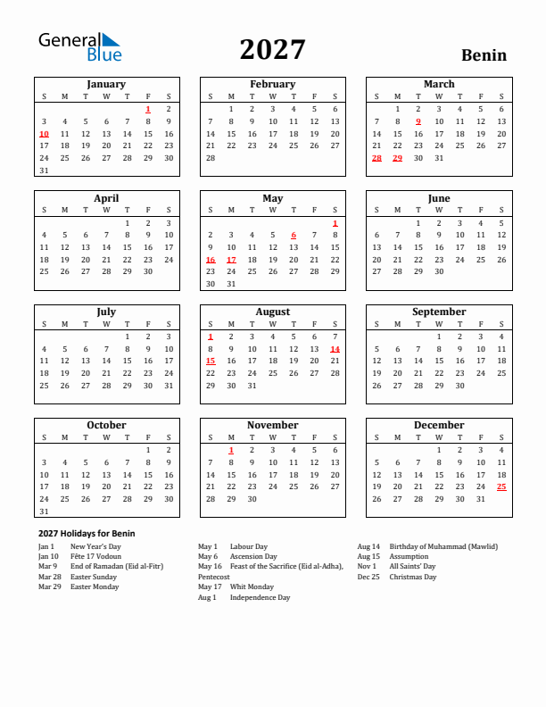 2027 Benin Holiday Calendar - Sunday Start
