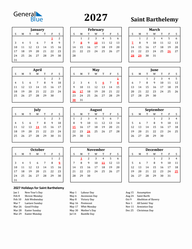 2027 Saint Barthelemy Holiday Calendar - Sunday Start