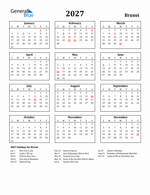 2027 Brunei Holiday Calendar - Sunday Start