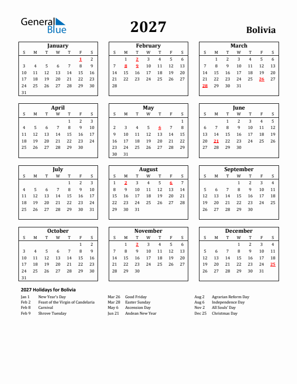 2027 Bolivia Holiday Calendar - Sunday Start