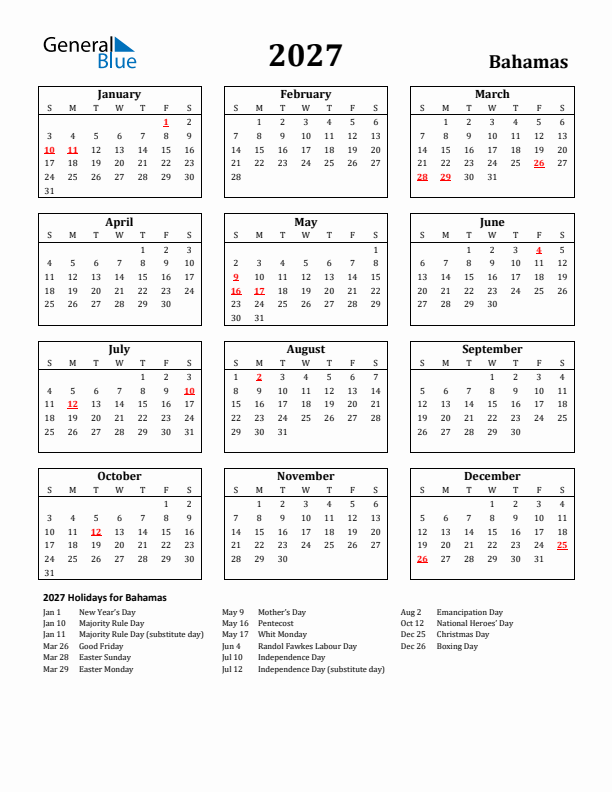 2027 Bahamas Holiday Calendar - Sunday Start