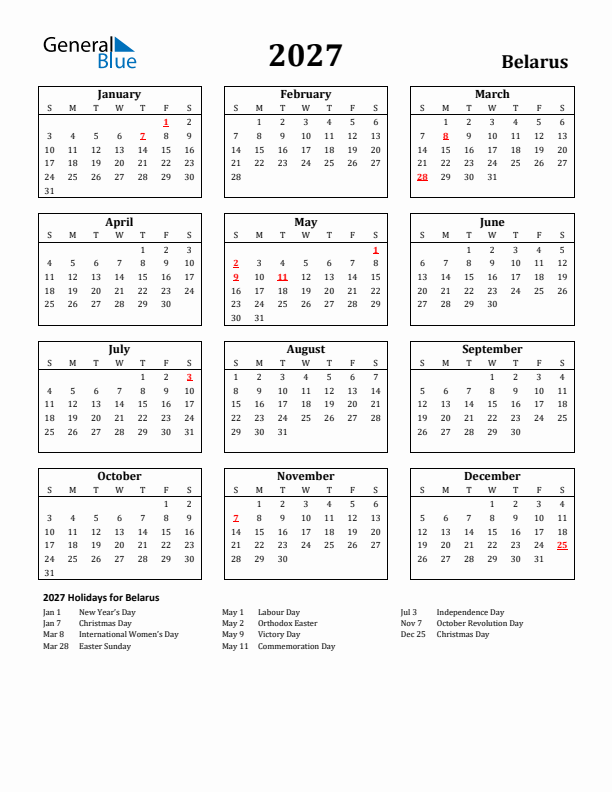 2027 Belarus Holiday Calendar - Sunday Start