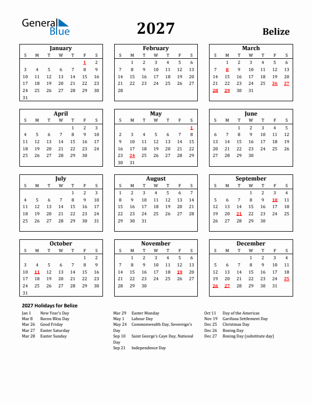2027 Belize Holiday Calendar - Sunday Start
