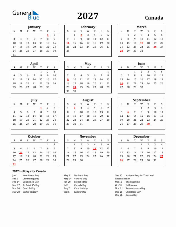 2027 Canada Holiday Calendar - Sunday Start