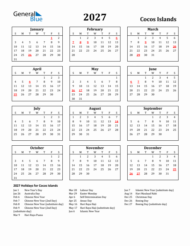 2027 Cocos Islands Holiday Calendar - Sunday Start
