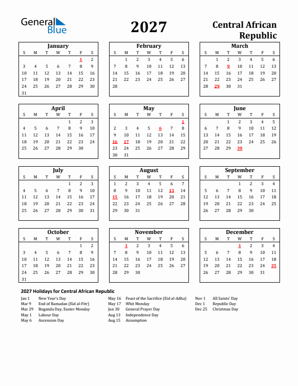 2027 Central African Republic Holiday Calendar - Sunday Start