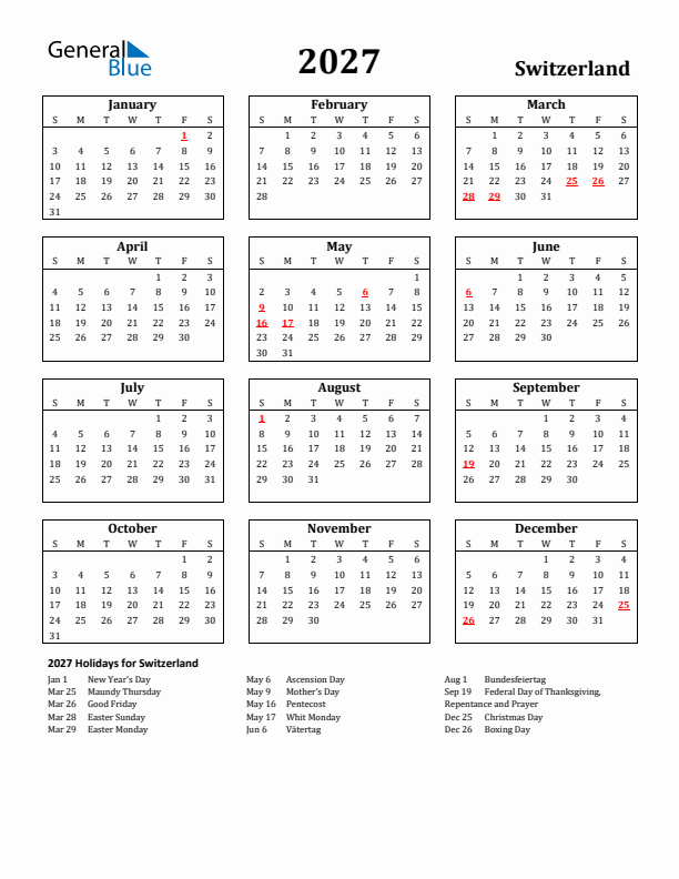 2027 Switzerland Holiday Calendar - Sunday Start