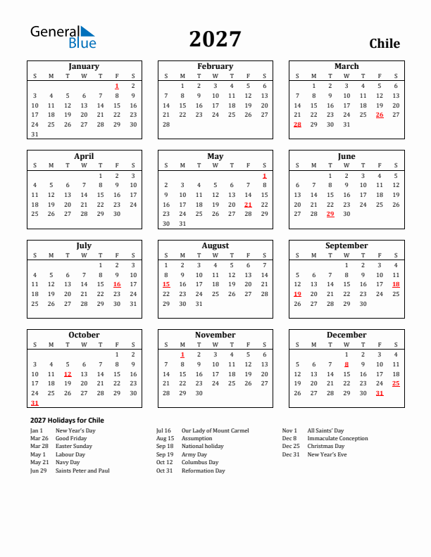 2027 Chile Holiday Calendar - Sunday Start