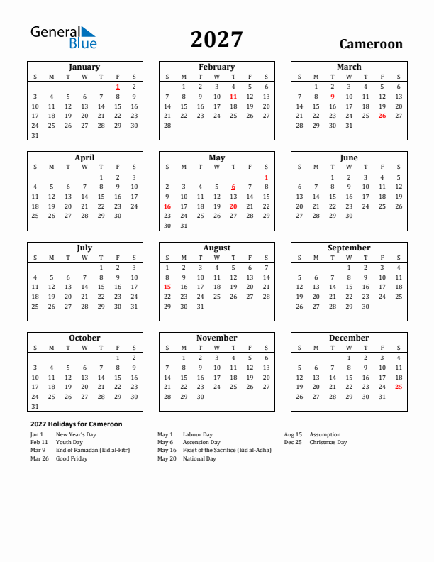 2027 Cameroon Holiday Calendar - Sunday Start