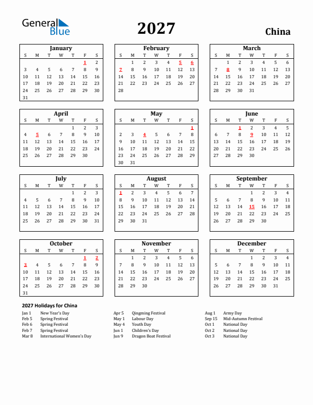 2027 China Holiday Calendar - Sunday Start