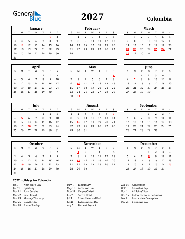 2027 Colombia Holiday Calendar - Sunday Start