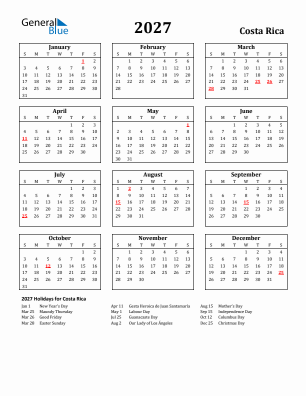 2027 Costa Rica Holiday Calendar - Sunday Start