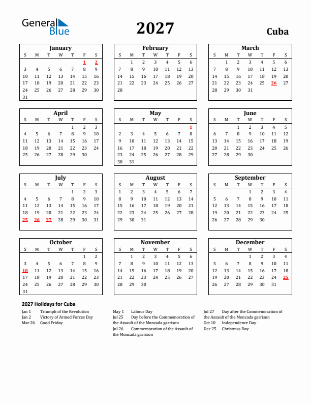 2027 Cuba Holiday Calendar - Sunday Start