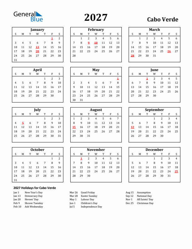 2027 Cabo Verde Holiday Calendar - Sunday Start