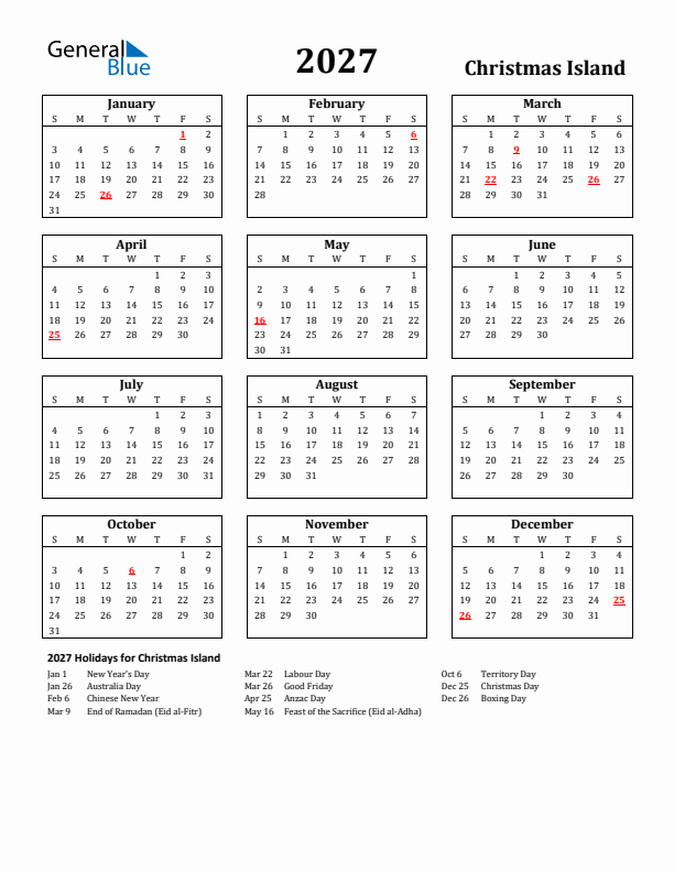 2027 Christmas Island Holiday Calendar - Sunday Start
