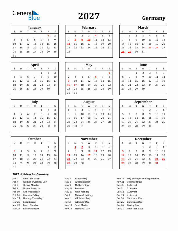 2027 Germany Holiday Calendar - Sunday Start