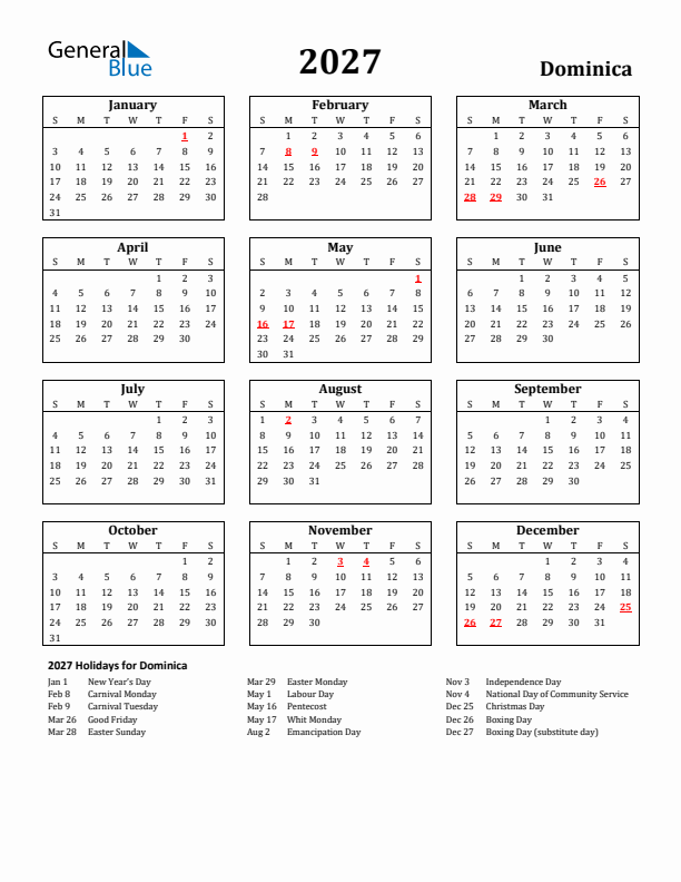 2027 Dominica Holiday Calendar - Sunday Start
