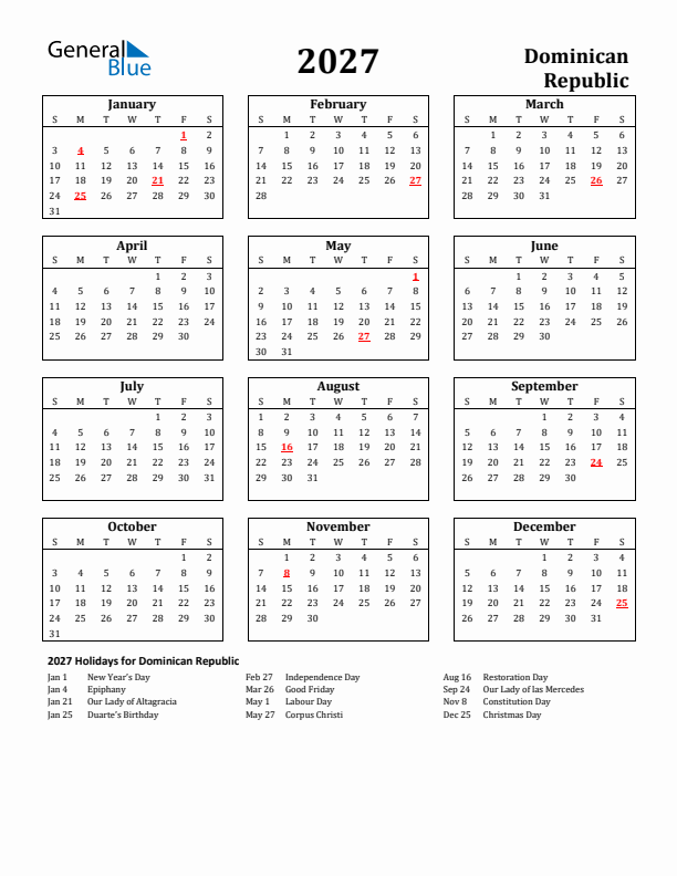 2027 Dominican Republic Holiday Calendar - Sunday Start