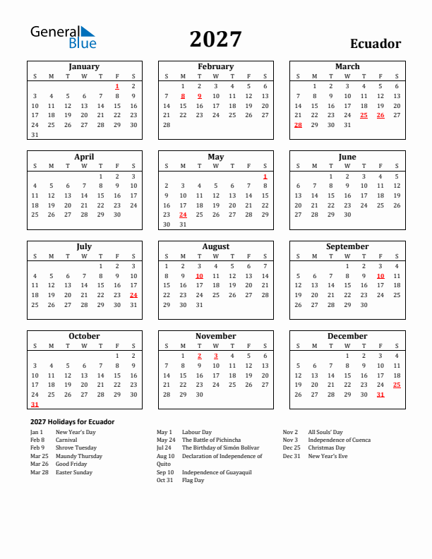 2027 Ecuador Holiday Calendar - Sunday Start