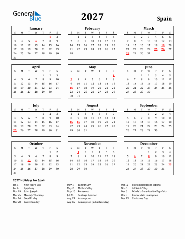 2027 Spain Holiday Calendar - Sunday Start