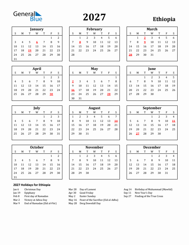 2027 Ethiopia Holiday Calendar - Sunday Start