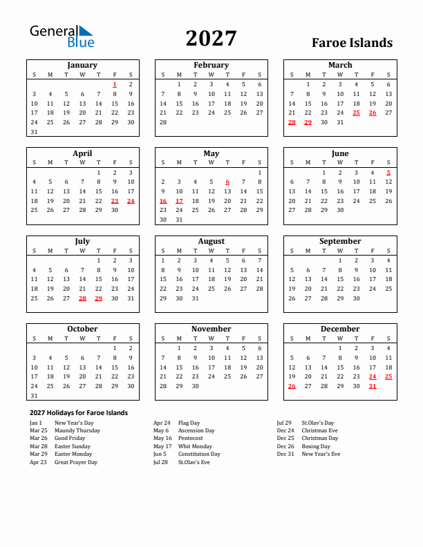 2027 Faroe Islands Holiday Calendar - Sunday Start