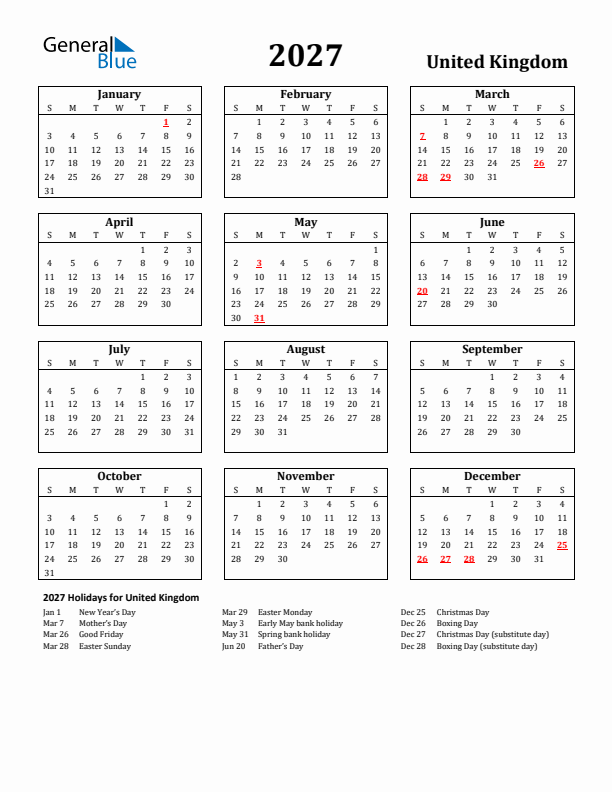 2027 United Kingdom Holiday Calendar - Sunday Start