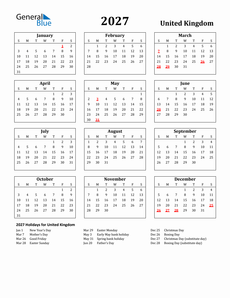 Free Printable 2027 United Kingdom Holiday Calendar