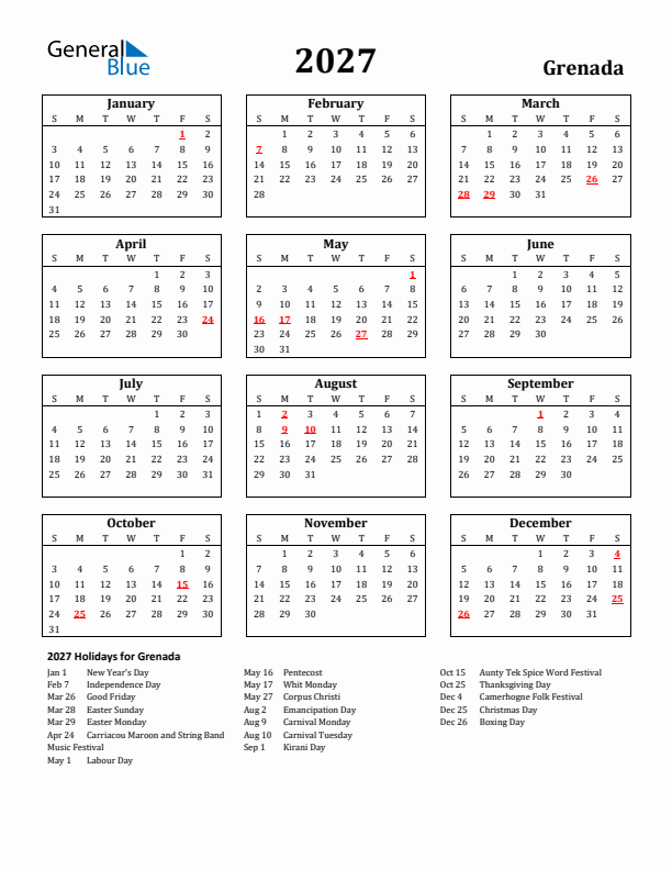 2027 Grenada Holiday Calendar - Sunday Start