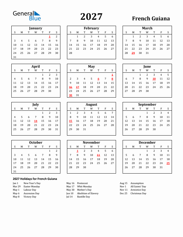2027 French Guiana Holiday Calendar - Sunday Start