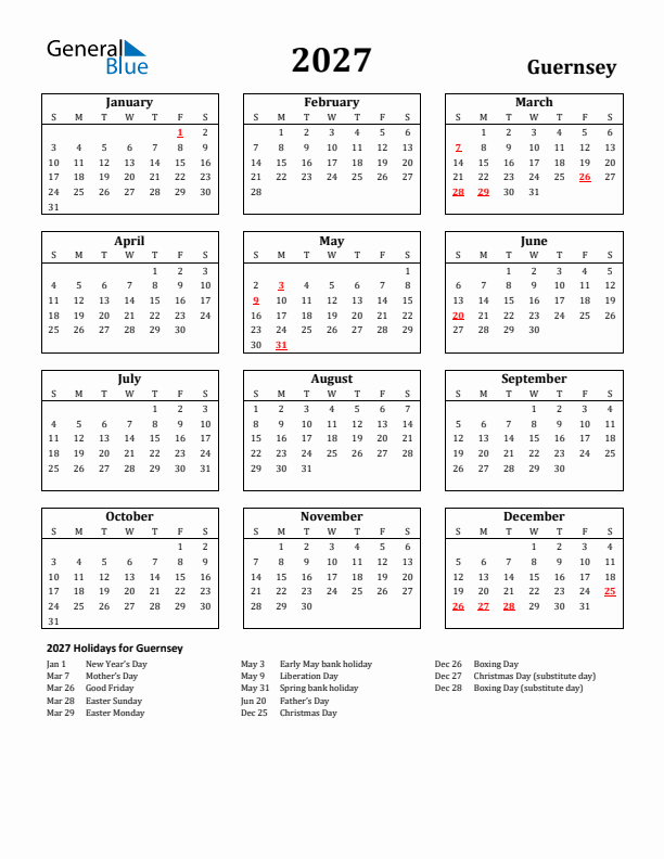 2027 Guernsey Holiday Calendar - Sunday Start
