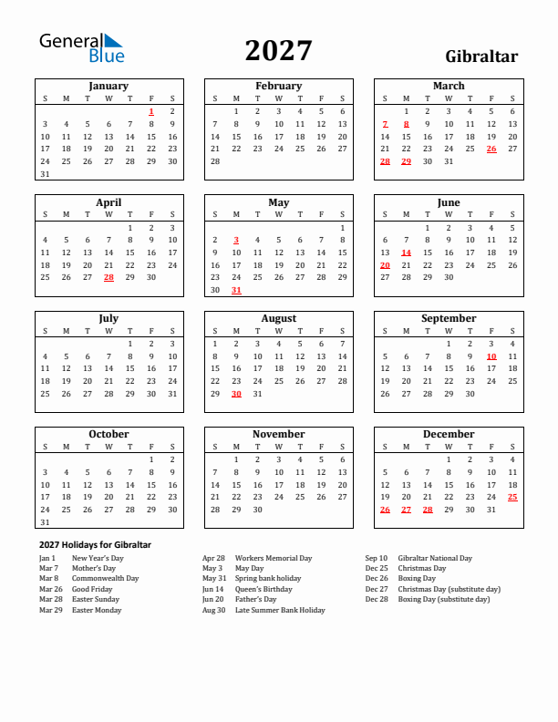 2027 Gibraltar Holiday Calendar - Sunday Start