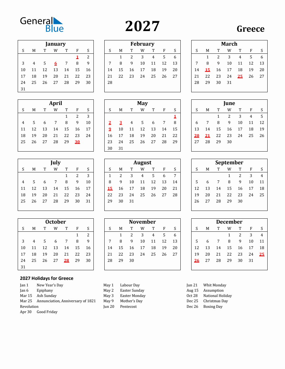 Free Printable 2027 Greece Holiday Calendar