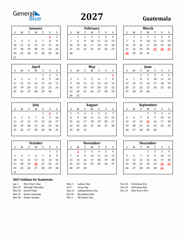2027 Guatemala Holiday Calendar - Sunday Start